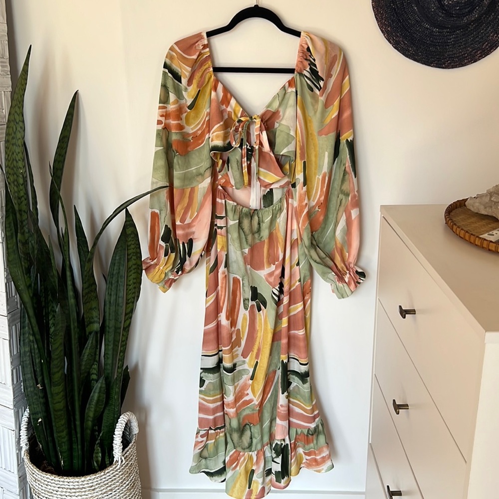 Patterned puff sleeve midi dress